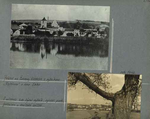 Pohled na Červený Kostelec s rybníkem "Rybčinou" v roce 1880