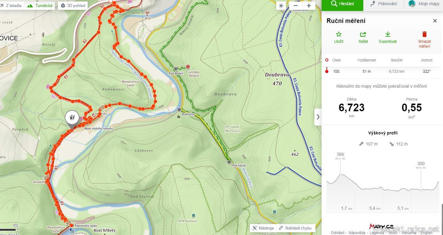 A jak naše putování vypadalo ? Mapa pěší trasy okolo Weisshuhnova kanálu